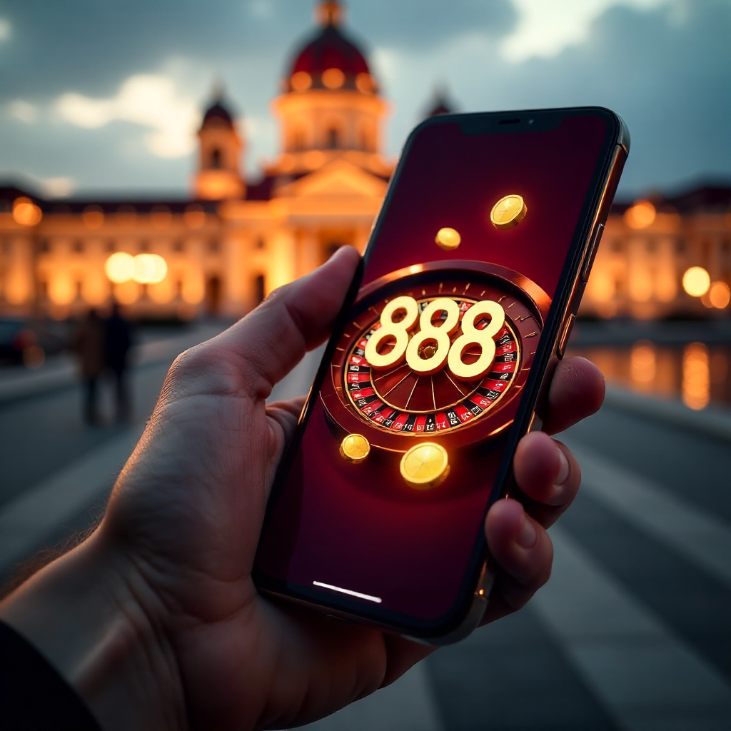 A premium smartphone held in a hand featuring the 888starz app, with the Palace of Culture and Science in Warsaw in the background, official red and white brand colors, 3D flying golden coins and roulette elements, cinematic lighting, 8k.